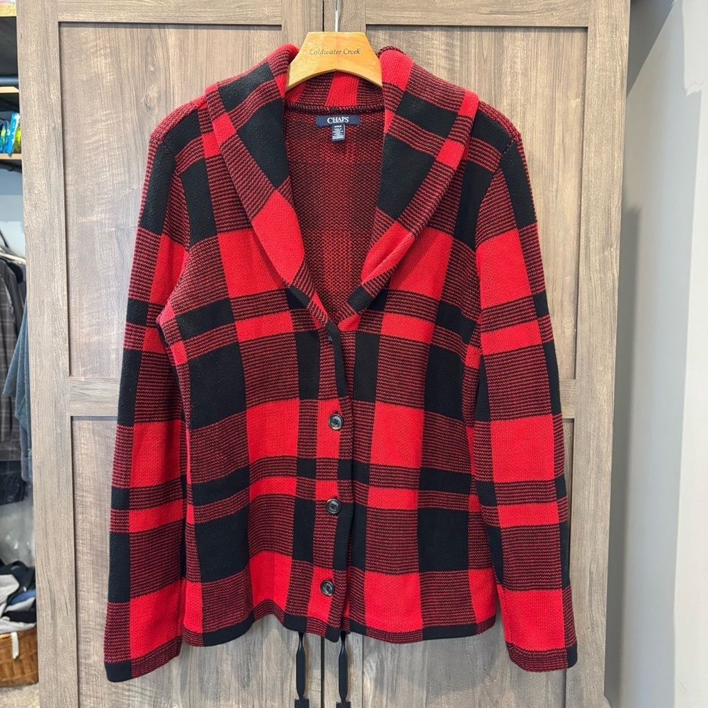Chaps‎ Medium Sweater Blazer Jacket Buffalo Plaid Red Black